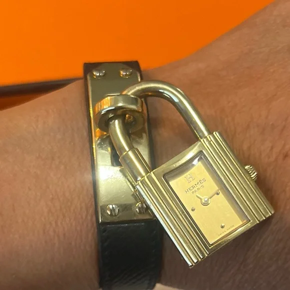 Hermes Kelly Black Leather Watch with Gold Accents